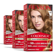 صبغة شعر دائمة من REVLON Colorsilk Beautiful Color، لون عالي الدقة يدوم طويلاً، لمعان ونعومة حريرية مع تغطية 100% للشعر الرمادي، خالية من الأمونيا، 057 أفتح بني ذهبي