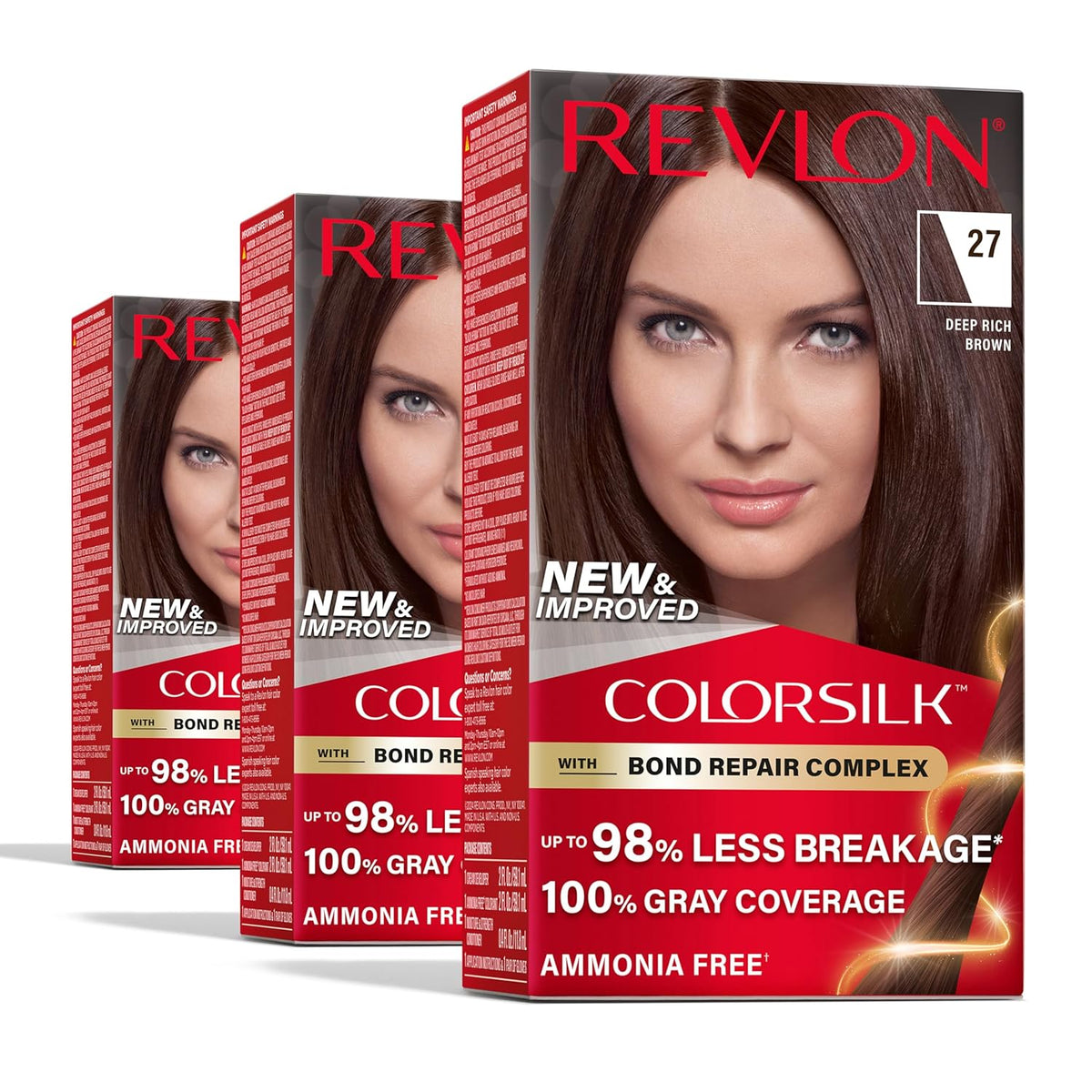 Revlon ColorSilk with Bond Repair Complex, Permanent Hair Color, 100% Gray Coverage, Ammonia Free Hair Dye, Vegan Keratin, 27 Deep Rich Brown