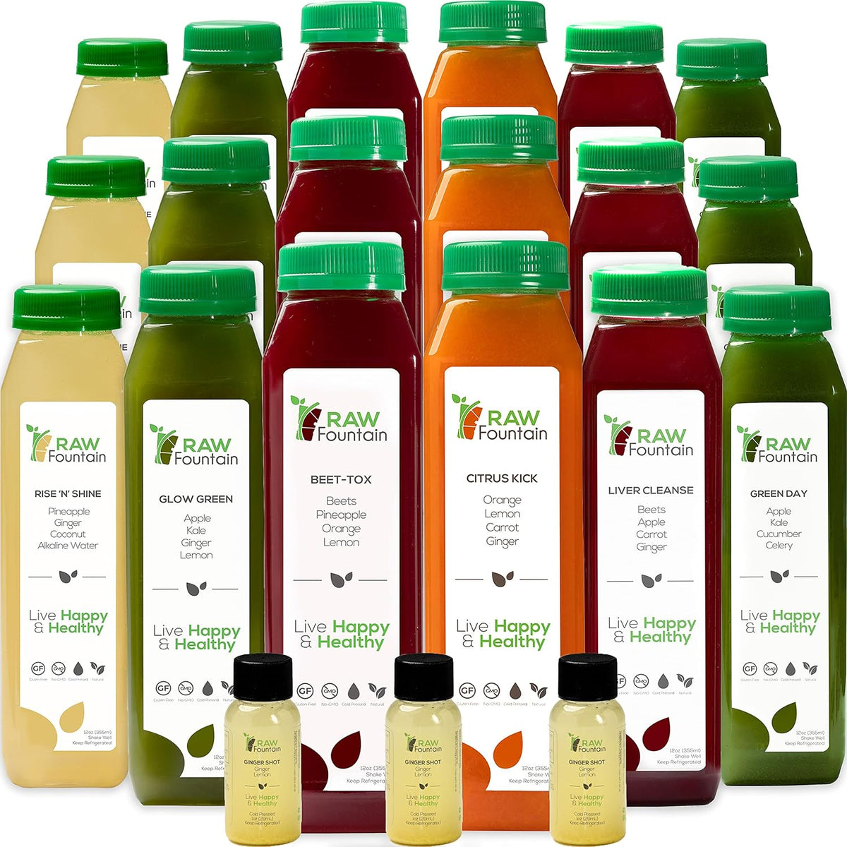 3 Day Juice Cleanse by Raw Fountain, All Natural Raw Detox Cleanse, Juicing for Body Rest, Cold Pressed Juice Fast, Great Way to Jumpstart a Healthy Diet, 18 Bottles 12oz, 3 Ginger Shots