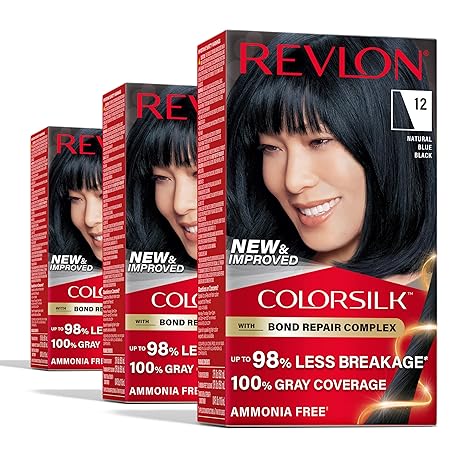 Revlon ColorSilk with Bond Repair Complex, Permanent Hair Color, 100% Gray Coverage, Ammonia Free Hair Dye, Vegan Keratin, 12 Natural Blue Black