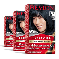 Revlon ColorSilk with Bond Repair Complex, Permanent Hair Color, 100% Gray Coverage, Ammonia Free Hair Dye, Vegan Keratin, 12 Natural Blue Black