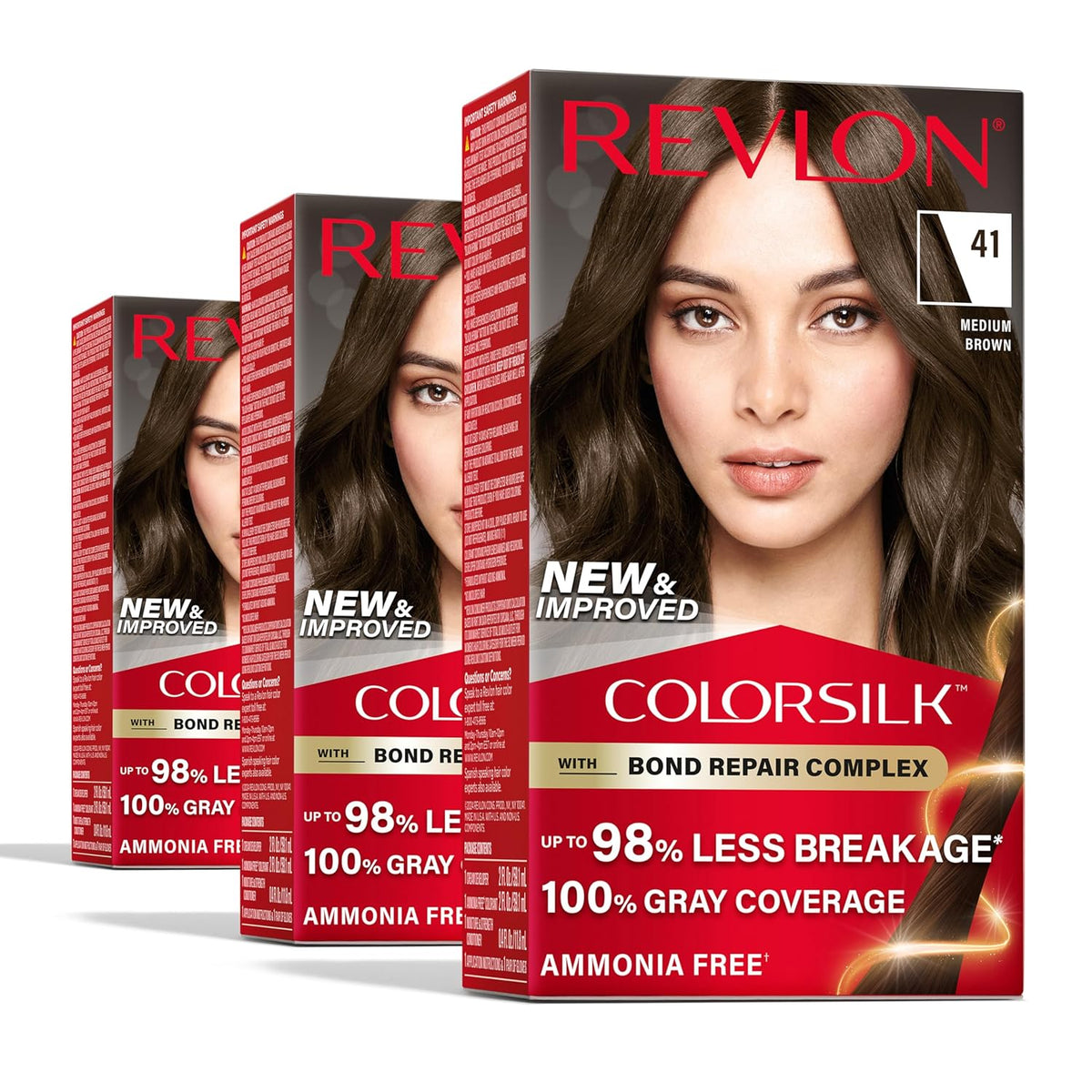 Revlon ColorSilk with Bond Repair Complex, Permanent Hair Color, 100% Gray Coverage, Ammonia Free Hair Dye, Vegan Keratin, 41 Medium Brown