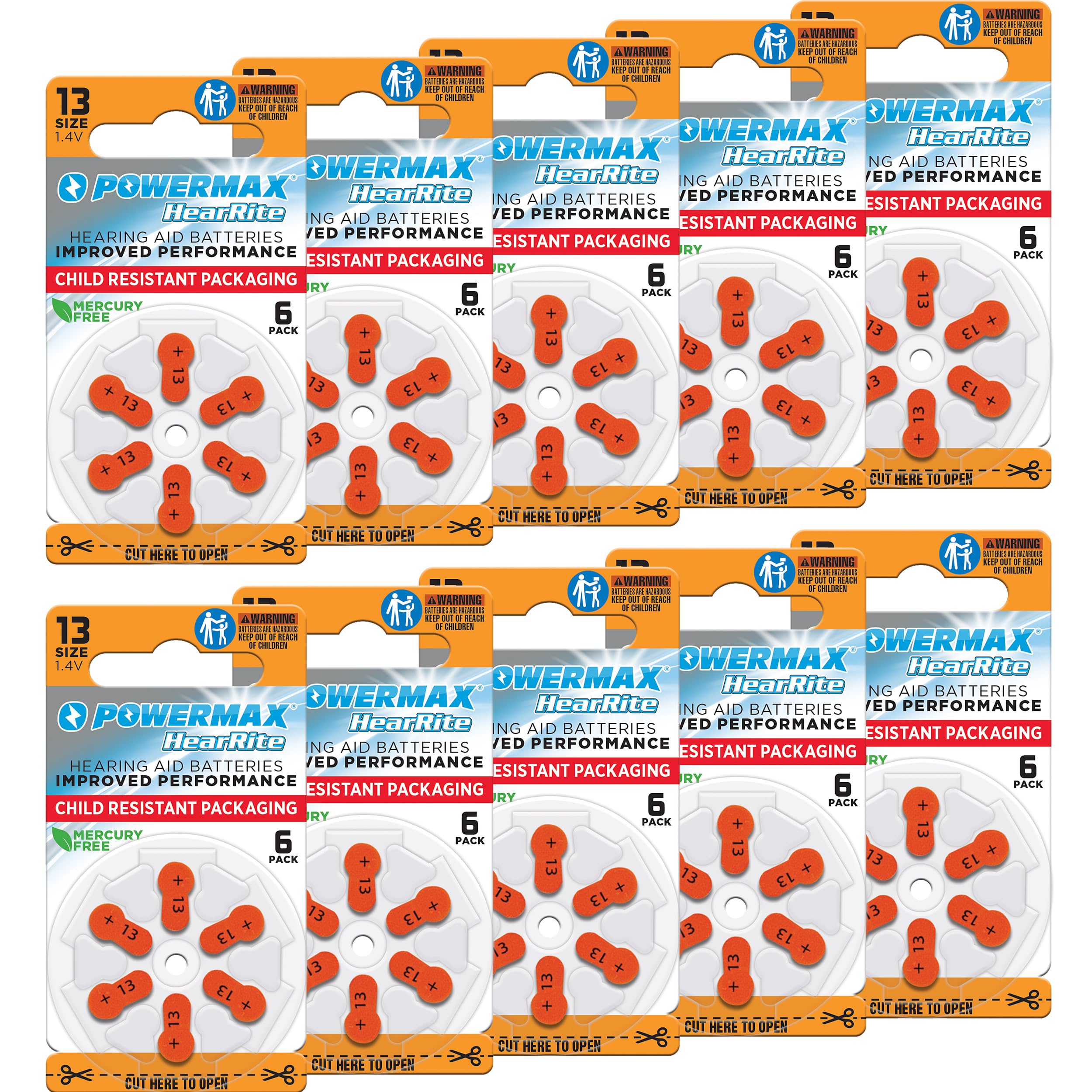 Powermax Size 13 Hearing Aid Batteries (Orange Tab) - 64 Count