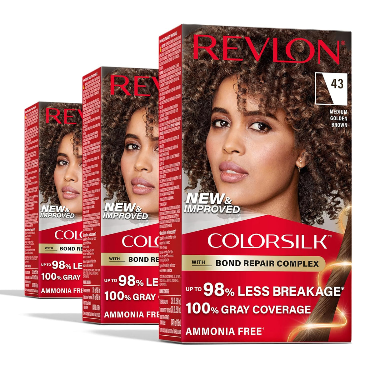 Revlon ColorSilk with Bond Repair Complex, Permanent Hair Color, 100% Gray Coverage, Ammonia Free Hair Dye, Vegan Keratin, 43 Medium Golden Brown