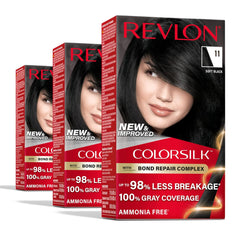صبغة الشعر الدائمة ColorSilk من Revlon مع مركب Bond Repair، تغطية 100% للشعر الرمادي، صبغة شعر خالية من الأمونيا، كيراتين نباتي، 11 أسود ناعم