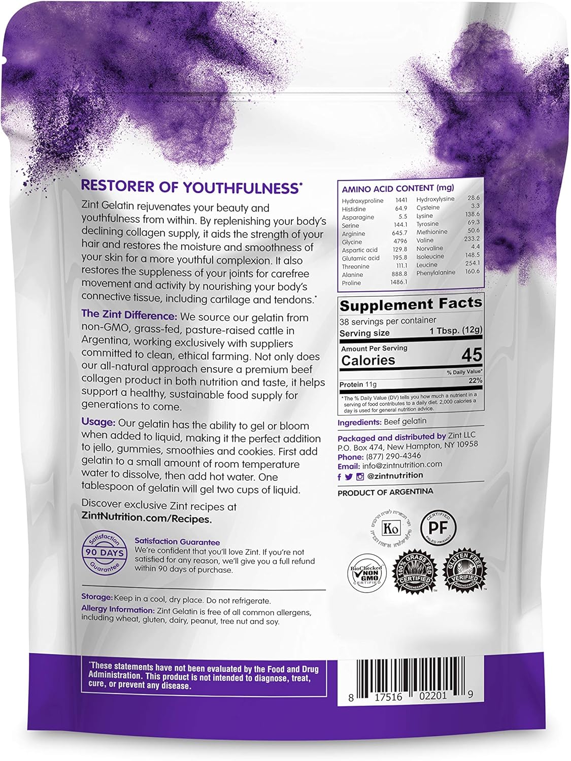 Zint Pure Protein Beef Gelatin Powder - Unflavored, Grass-Fed (454g)