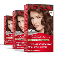 Revlon ColorSilk with Bond Repair Complex, Permanent Hair Color, 100% Gray Coverage, Ammonia Free Hair Dye, Vegan Keratin, 46 Medium Golden Chestnut Brown