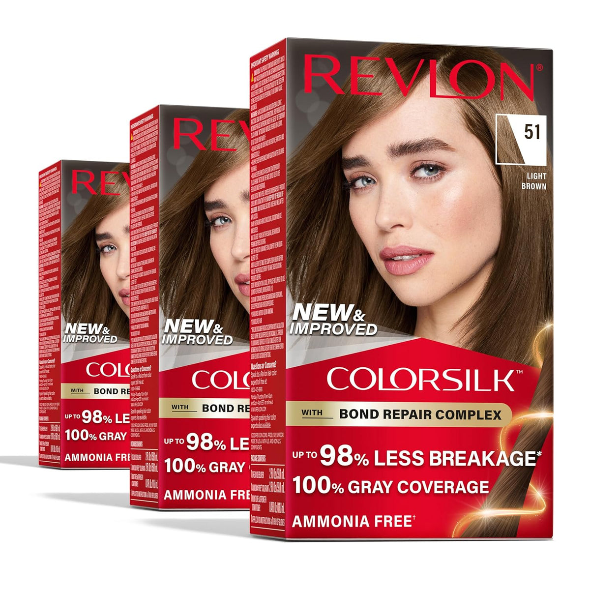 Revlon ColorSilk with Bond Repair Complex, Permanent Hair Color, 100% Gray Coverage, Ammonia Free Hair Dye, Vegan Keratin, 51 Light Brown