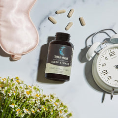 TERRA ORIGIN Sleep, GABA, Chamomile, Valerian, PassionFlower| Healthy Sleep & Wake. Restful Sleep and Awake Refreshed. Non-GMO, Vegan, Gluten Free | 5mg Melatonin, L-Tryptophan - 60 Capsules