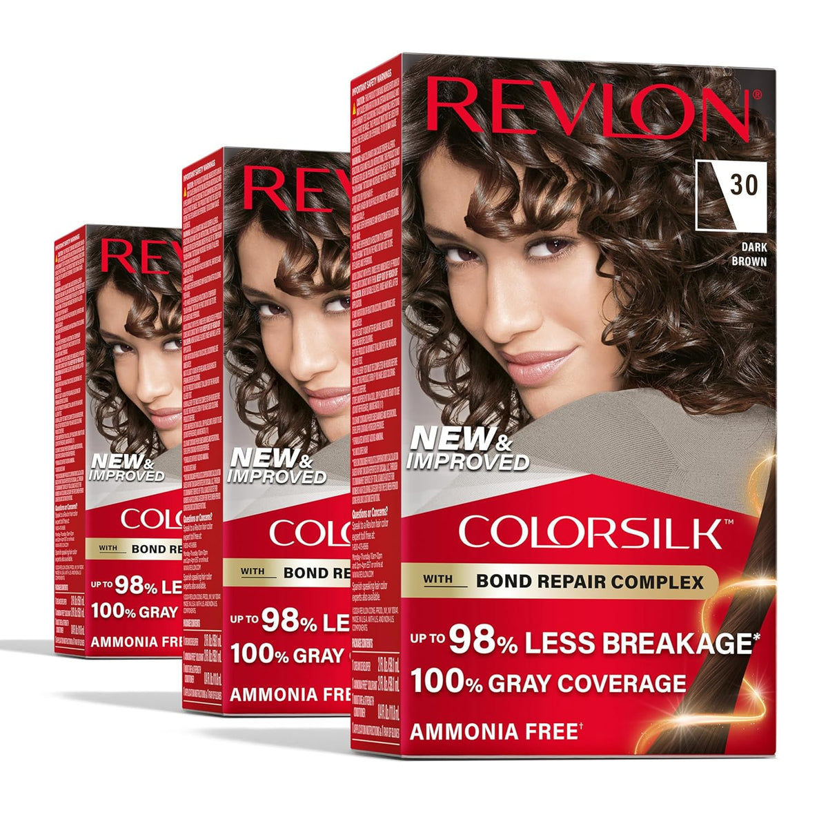 Revlon ColorSilk with Bond Repair Complex, Permanent Hair Color, 100% Gray Coverage, Ammonia Free Hair Dye, Vegan Keratin, 30 Dark Brown
