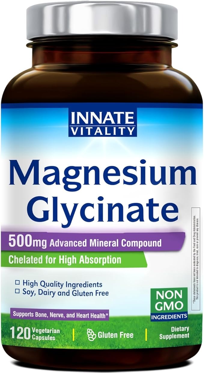 Innate Vitality Magnesium Glycinate 500mg | 70mg Elemental Magnesium Supplement- High Absorption, Non Buffered, Non-GMO & No Gluten - Nerve, Muscle, Bone & Heart Health - 120 Vegan Capsules Magnesio