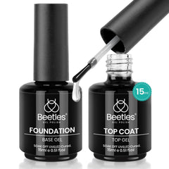 Beetles 2 Pcs 15ml No Wipe Gel Top Coat and Base Coat Set - Shine Finish and Long Lasting, Soak Off LED Nail Lamp Gel Base Top Coat Finish Nail Art Design Manicure Gifts for Women